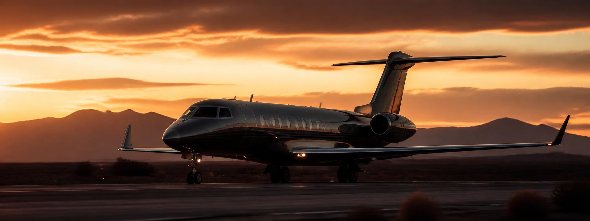 Private jet at golden hour on a desert runway