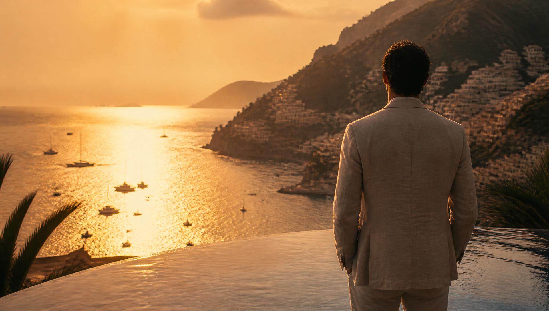 A traveler at golden hour on an infinity pool overlooking the Mediterranean